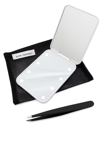 Brow Therapy LED Lighted Compact Mirror & Tweezer Set – 1x/3x Magnification, Battery Operated, Bright Light – Stainless Steel Slant Tip Tweezer with Travel-Size 4x5 Mesh Zipper Bag