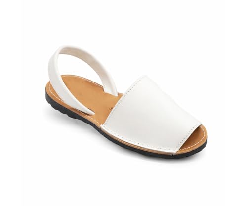 MARUKATSU Sandalias Menorquinas de Piel para Mujer | Calzado Tradicional España | Abarcas Planas de Verano Cómodas y Artesanales (Blanco, Sistema tallas calzado EU, Adulto, Números, mediano, 40)
