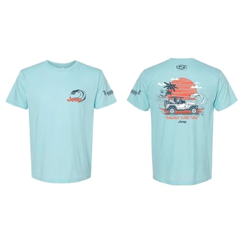 Jeep Men's Wrangler Beachin' Good Time T-Shirt – Ice Blue Heather | Off-Road Beach Graphic Tee with Surf and Sunset Design