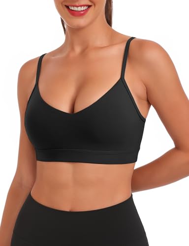 Buauty V Neck Sports Bra for Women, Padded Push up Sport Bras Adjustable Thin Straps, Light Support Yoga Camisole