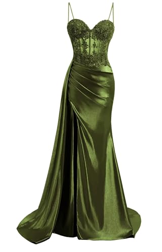 Lace Mermaid Prom Dresses Long Satin Split Olive Green Spaghetti Strap Sweetheart Prom Party Gown Pleated Formal Evening Dresses for Women US 6