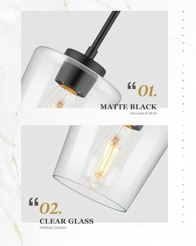 Image of Black Pendant Light for Kitchen Island, 6 inch Clear Glass Shade | Modern Hanging Light Fixture, Kitchen Pendant Lighting Over Island for Dining Room, Adjustable Height, AD-22004-1P-BK-C