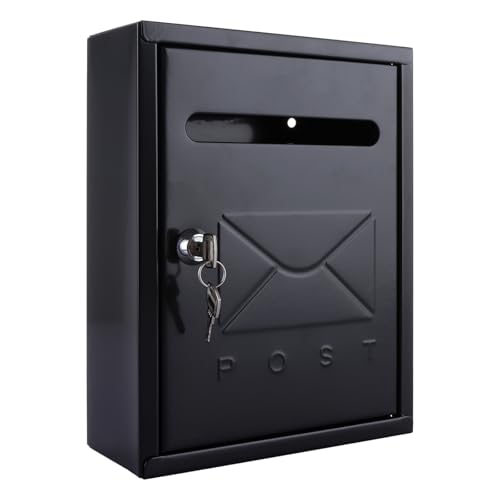 VIDETOL Wall Mounted Post Box, Weatherproof Letter Box Outside, Black Galvanised Steel Durable Mailbox with Key for Home and Company, 26x20x7.5cm