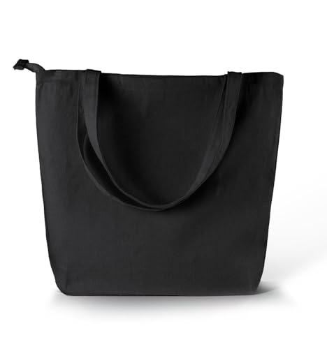 Bolsa grande de lona con cierre de cremallera y bolsillo interior, bolsa de compras reutilizable de algodón resistente de 280 g/m², bolsa de hombro extragrande para mujeres, viajes, trabajo (Negro)