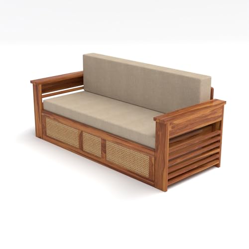 Image of Kunjal Furniture Solid Sheesham Wood Sofa Cum Bed with Storage for Living Room | Natural Finish | 3-Seater Convertible Sofa Bed | Handmade Wooden Furniture (Natural, Modern)