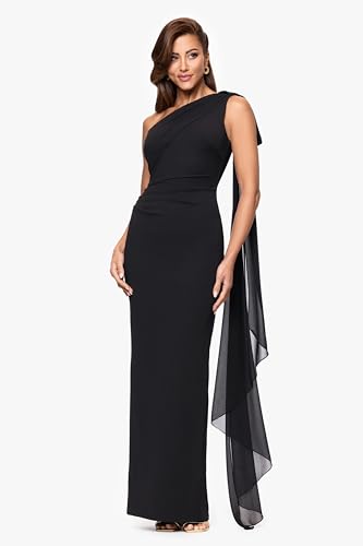 Xscape Women's Scuba Crepe Asymmetrical Neck and Chiffon Sash Floor Length Dress (Petite)2