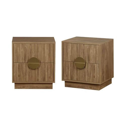 sweeek - Lot de 2 Tables de Chevet 2 tiroirs décor Bois de manguier rainuré. poignées en métal...