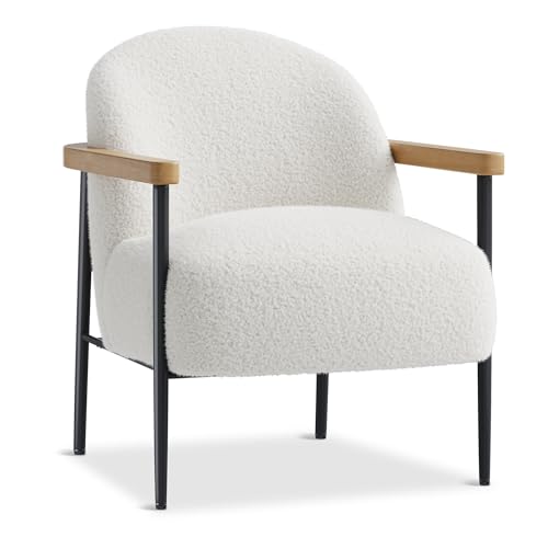 Comfy Chair, Modern Accent Chair with Fabric, Wood Arms, Metal Frame and Adjustable Feet, Mid Century Modern Chairs for Living Room,Bedroom, Office, White by EliteEdge - Used condition - CA$226.09