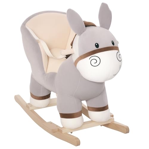 Qaba Kids Rocking Chair, Plush Ride On Rocking Horse Donkey with Sound, Wood Base Seat, Safety Belt, Baby Toddler Rocker Toy for 18-36 Months, Gray