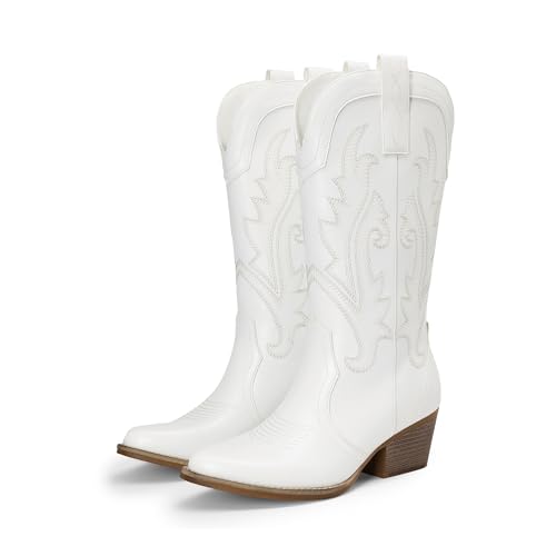 Image of DREAM PAIRS Women's Cowboy Cowgirl Western Boots | Embroidered Pointed Toe Low Heel Western Mid Calf Boots for Theme Party Country Concert
