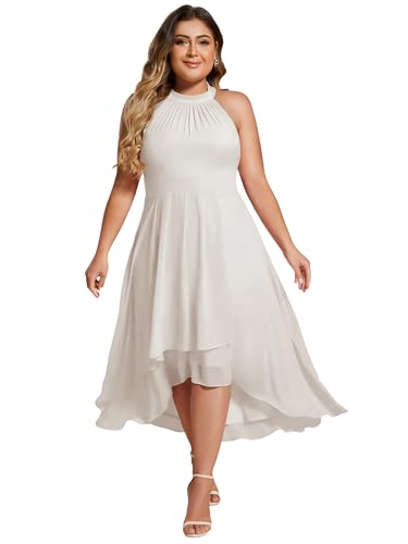 Image of Ever-Pretty Plus Women's Sleeveless Halter A Line Pleated High Low Plus Size Wedding Guest Cocktail Dresses 31926-DA