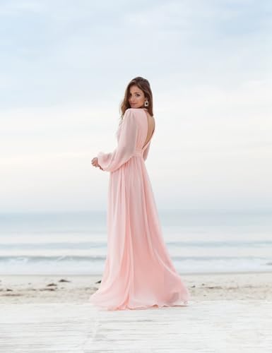 Women's Long Sleeves Bridesmaid Dress Chiffon V Neck Prom Dress Pleated A Line Long Formal Evening Dress with Slit3