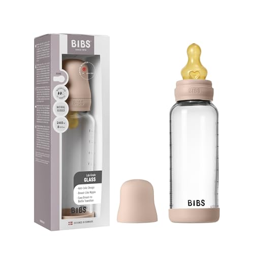 BIBS Baby Glass Bottle. Anticólicos. Tetina redonda de látex de caucho natural. Favorece la lactancia natural, 240ml, Complete Set - Blush