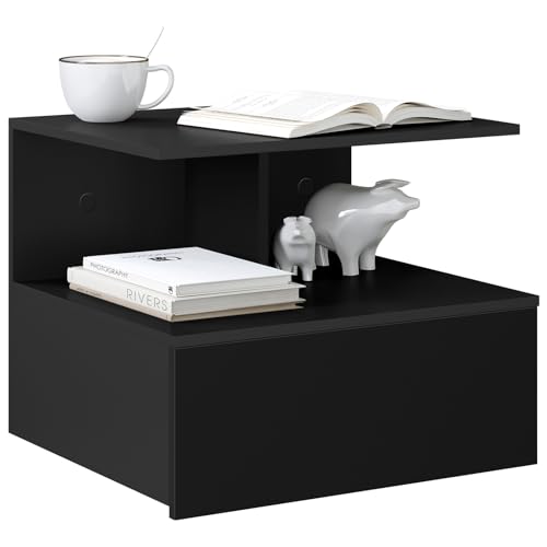 WOLTU Mesita de Noche Flotante, Estante de Pared, Mesilla con 1 Cajón y Balda Colgantes, Estanteria para Libros y Objetos de Decoración Mesitas de Dormitorio y Salón, Negro, 40x35x31cm