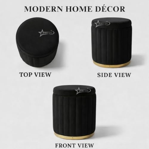 Image of Round Strip Stool with Cushion Foot Rest Office Stool Pouf Ottoman Padded Seat in Living Room - Black