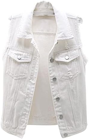 VIEWON Women's Casual Denim Waistcoat Frayed Sleeveless Ripped Jacket Vest with Pockets White M