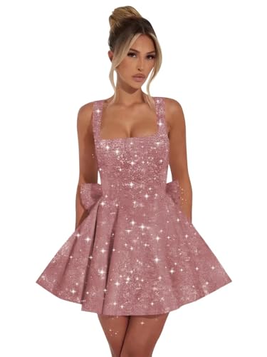 MAGGCIF Square Neck Sequin Homecoming Dresses for Teens with Bow Spaghetti Straps A Line Short Prom Dress Cocktail Gown