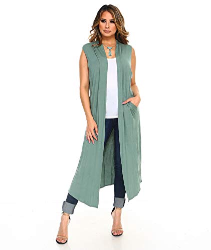 Isaac Liev Women's Long Cardigan  Casual Sleeveless Open Front Side Slit Pockets Flowy Lightweight Maxi Vest Duster 0008 Sage 3XL