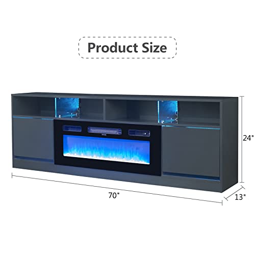 Fireplace Tv Stand With 36" Electric Fireplace For Tvs Up To 80", Game Console Entertainment Center With Led Light, Modern Gloss Home Media Tv Console With Storage Cabinet And Glass Shelves, Grey #TOP7
