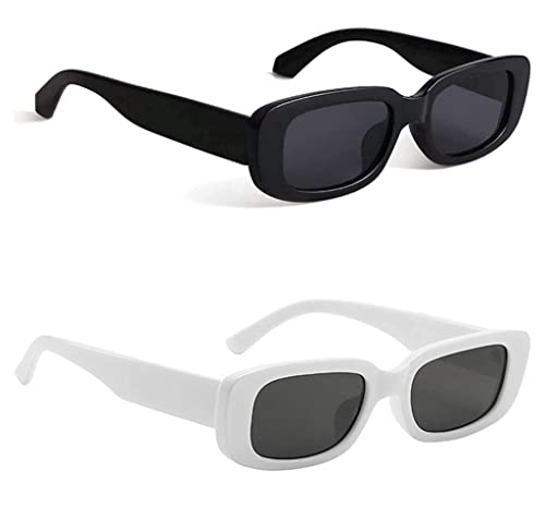 Image of Retro Rectangle Sunglasses for Women & Men | UV400 Protection | Trendy Thick Frame Fashion Eyewear | Lightweight Casual Shades | Black & White Combo Pack