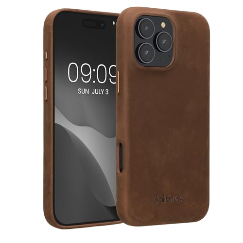 Image of kalibri Case Compatible with Apple iPhone 16 Pro Max - Case Smooth Genuine Leather Hard Case Anti Slip Cover - Brown