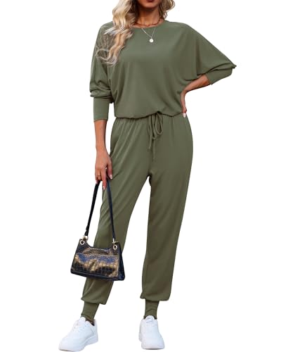 difficort Women 2 Piece Outfits Long Sleeve Top Jogger Pants Loungewear Sets Fall Winter Sweatsuits with Pockets,Army Green,XX-Large