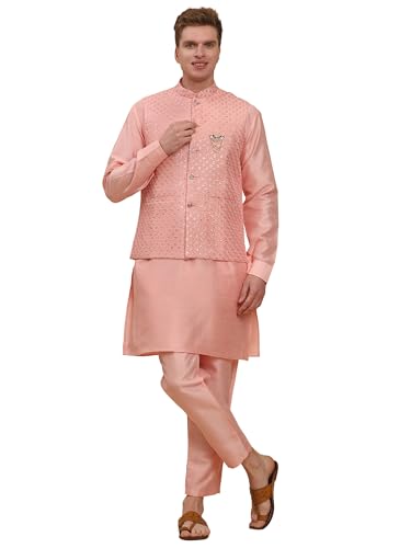 Mens Indian Traditional Silk Kurta Set With Jacket For Men Floral Design (C-111)