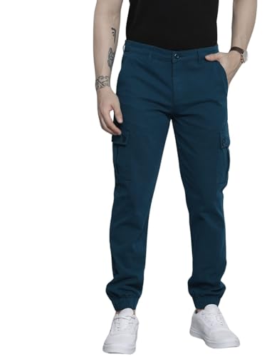 Image of THE INDIAN GARAGE CO Men Slim Fit Solid Mid-Rise Stretchable Cuffed Cargos