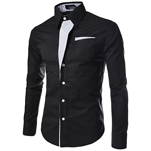 Mens Long Sleeve Stylish Dress Shirts Patchwork Casual Button Down Shirts Turn-Down Collar Shirt Top with Pockets (Black,Medium)