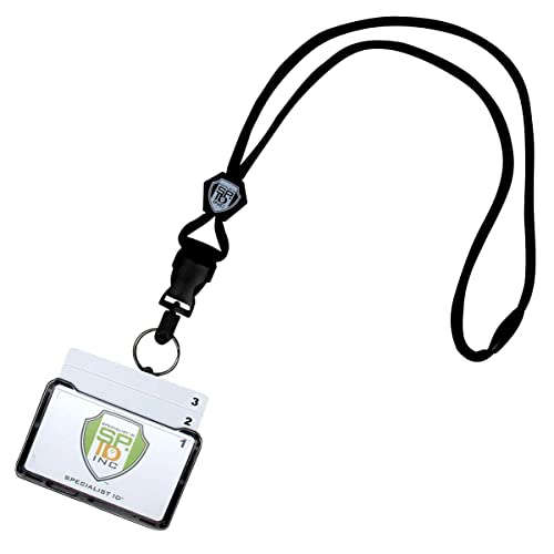 Specialist ID Horizontal 3 Card Badge Holder & Heavy Duty Lanyard with Breakaway Clip and Key Ring - Hard Plastic Rigid Name Tag Protector - Top Load for Three Badges - Clear Front Window (Black)