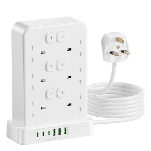 Tower Extension Lead with USB Slots 12 Way 13A 3250W Power Strip with 12 Individual Switches 3 USB-C and 3 USB-A Ports 2M Extension Cable Fused UK Plug Multi Socket for Home Office Desk