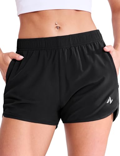 Nepest Women'S Elastic Waist 3 Inch Running Shorts Dry Fit Zipper Pockets Stretch Mesh Lined Workout Training Tennis Athleticwear Black/Black M cover