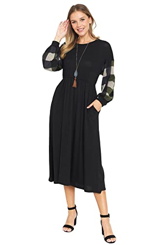 Eloges Women's Buffalo Plaid Bishop Sleeve Midi Dress