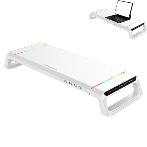Support de Moniteur Ergonomique – Support de Bureau Multifonction, Supports d'écran réglable | Construction ABS Hub USB intégré RGB 7 Effets d'éclairage tiroir de Rangement Emplacement pour téléphone