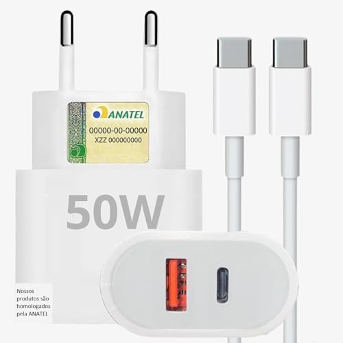 Carregador Rápido 50W + Cabo Tipo C, 2 Entradas USB e USB-C - Fon...
