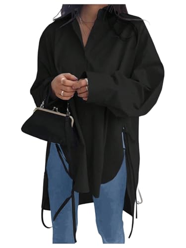 Verdusa Women's Oversized Button Down Shirts Split High Low Long Sleeve Blouses Tunics Tops