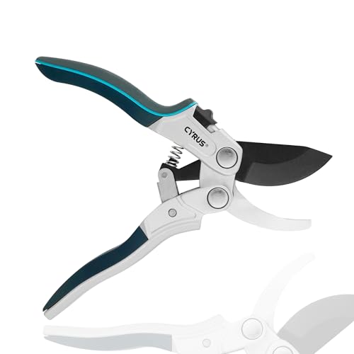 CYRUS Pruning Garden Shears with Ratchet labor-saving Lever, Carbon Steel Non-Stick Blade, Aluminum Handle & Safety Lock, Sharp Flower Scissors for Trimming Branches Up to 0.9 Inch