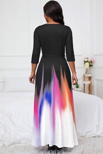Image of AOMONI Maxi Dress for Women Gradient Casual Long Sundress V Neck 3 /4 Sleeves with Belt