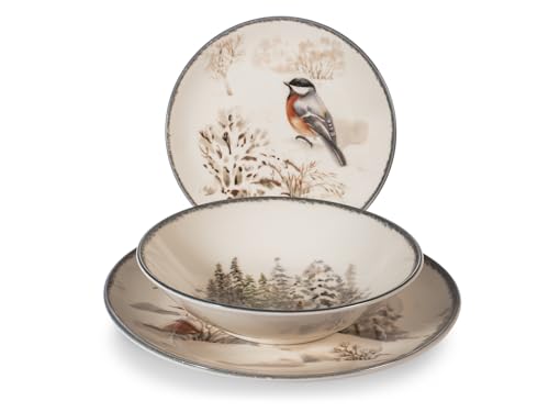 H&H Juego de Mesa Navidad 18 Piezas Symphony en Gres - Platos Planos, Sopas y Postres con Decoraciones Invernales, Ideal para Crear una Mesa Elegante y Cálida en Navidad