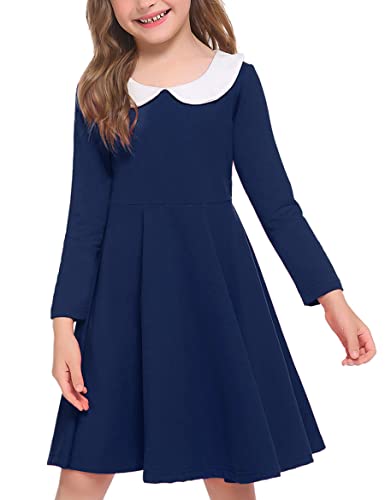 Arshiner Mädchen Kleid Langarm Puppenkragen Kinder Kleider Baumwolle Einfarbig Langarmkleid A-Linie Freizeitkleid Festlich Prinzessin Herbst Winter Swing Kleid Navy Blau Gr.134 Cover