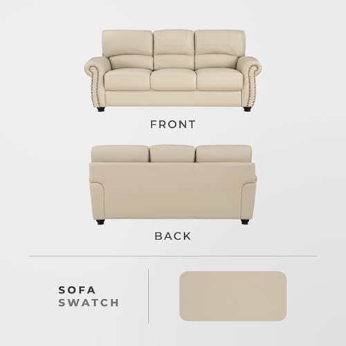 Lexicon Leather Match Couch for Living Room with Wood Frame, Rolled Armrest & Nailhead Trim, Top Grain Leather Match Sofa for Bedroom, Office, Waiting Room, 3-Seater Sofa, Cream