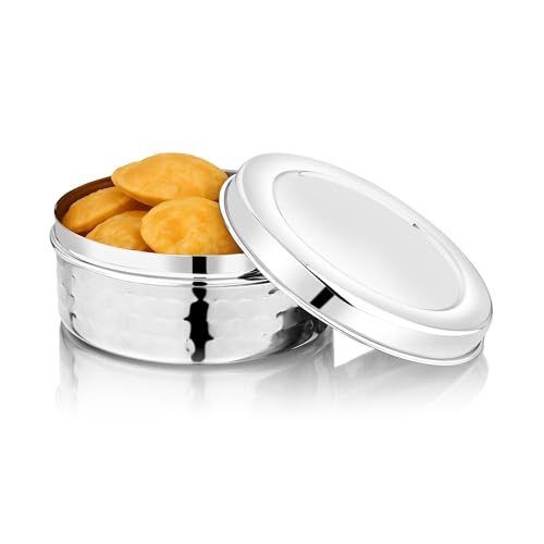 Image of Vinod Hammered Stainless Steel Puri Dabba | 450ml Capacity, 11cm Dia | Hammered Finish Multipurpose Stainless Steel Flat Storage Container for Puri, Snacks, Dry Food, Tiffin & Travel Use