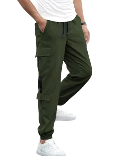 Image of Men's Cargo Pants | Lycra Blend Regular Fit | Solid Color Casual Trousers with Drawstring Closure | Comfortable Everyday Bottoms