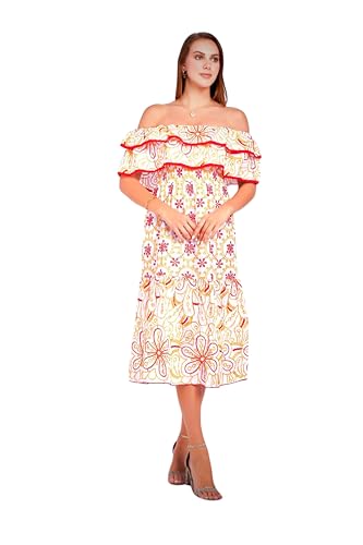 PEPPERSTONE Red & Yellow Off-Shoulder Ruffled Smocked Midi Dress - Vacation Chic Summer Sundress Flowy Maxi Be