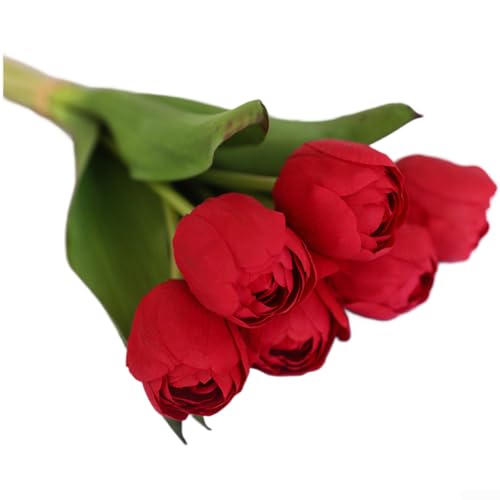 6 bouquet di tulipani in finta seta, texture realistica e stelo regolabile, per decorazione di matrimoni, attività all'aperto e decorazione della casa (rosso)