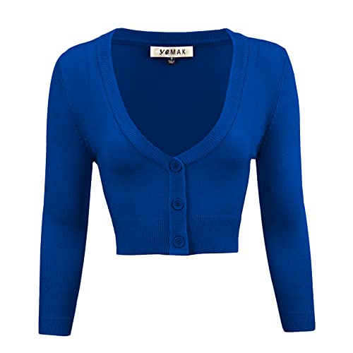 YEMAK Women's Cropped Bolero Cardigan â€“ 3/4 Sleeve V-Neck Basic Classic Casual Button Down Knit Soft Sweater Top CO129-RBL-XL Royal Blue