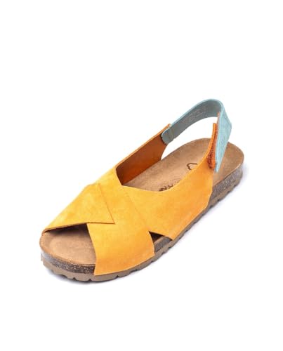 Yokono Sandalias Planas de Mujer de Piel VILLA-175 Naranja | Zapatos Mujer Primavera-Verano | Piel Vacuna Serraje | 2 CM