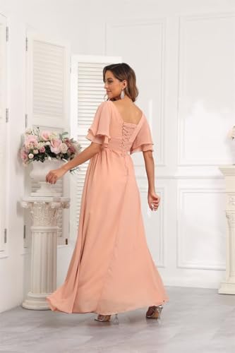 Image of Women's V Neck Short Sleeve Bridesmaid Dresses for Wedding Ruffled Chiffon Evening Formal Gown