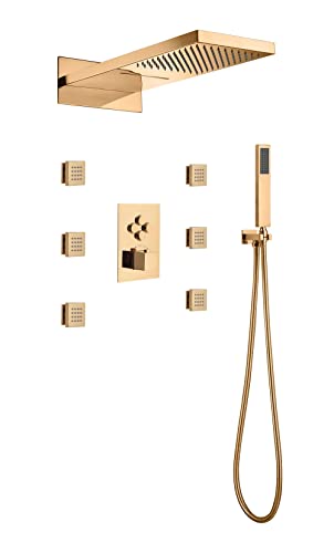 Sistema de ducha rectangular Cascada 9"x22" con mango único y 4 botones, 4 funciones (lluvia, cascada, jets corporales y ducha de mano) (Oro pulido) miniatura 1