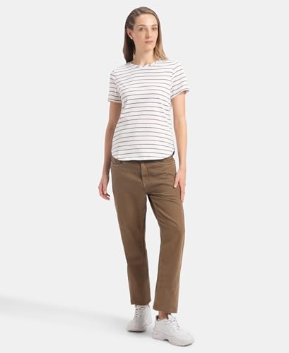 Image of Jockey A121 Women Super Combed Cotton Stripe Fabric Relaxed Fit Round Neck Half Sleeve T-Shirt with Curved Hem Styling